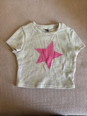 SHEIN Cream Wafer-Knit Crop Top with Pink Star Applique